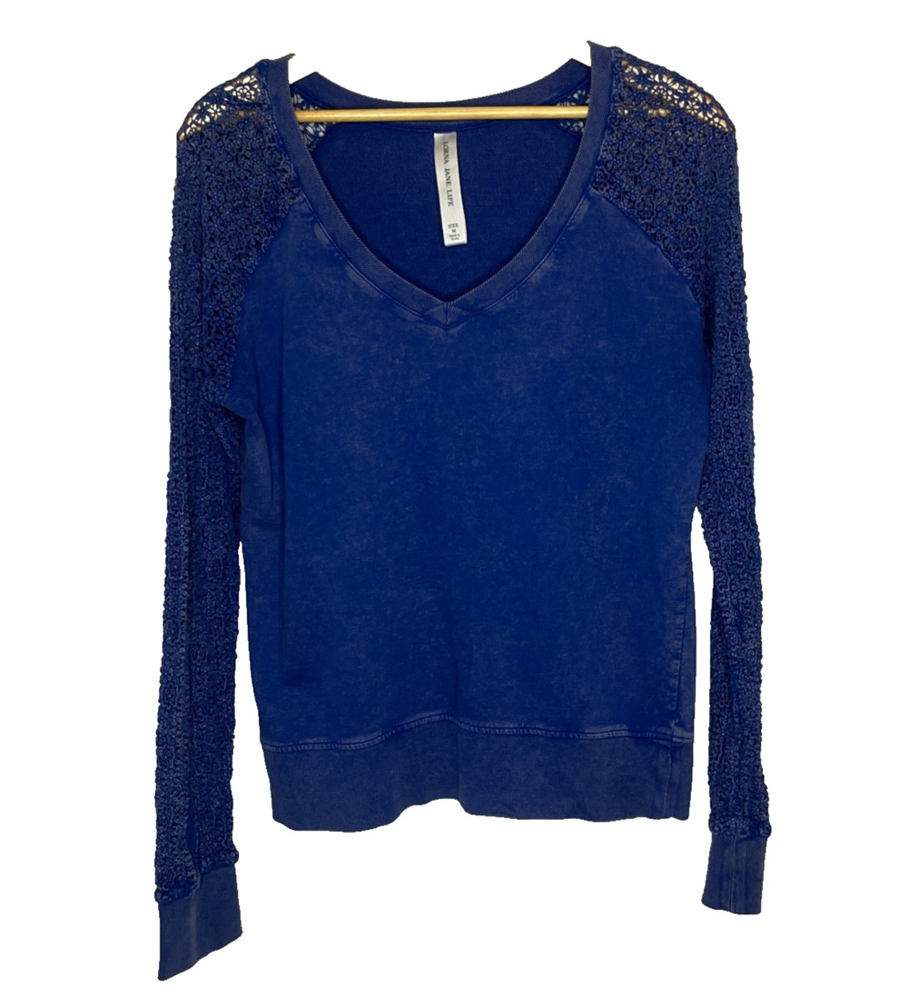 Women's Large Lorna Jane Life Blue Lace V-Neck Cotton Shirt